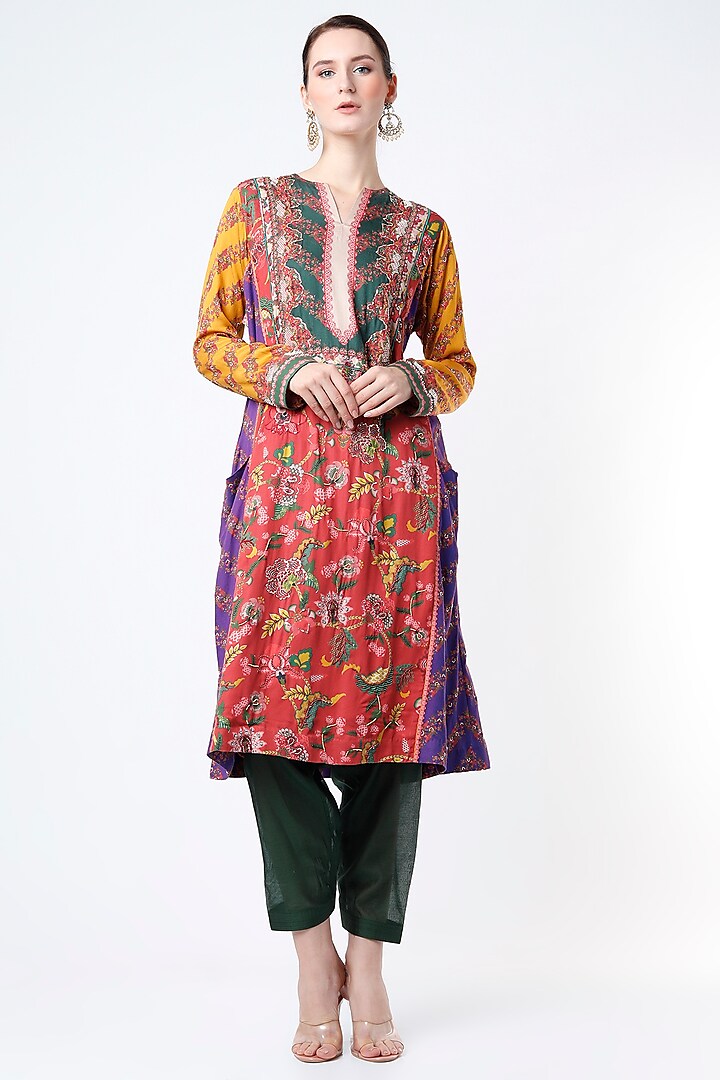 Green And Maroon Kurta With Green Salwar And Chiffon Dupatta-Siddhartha Bansal