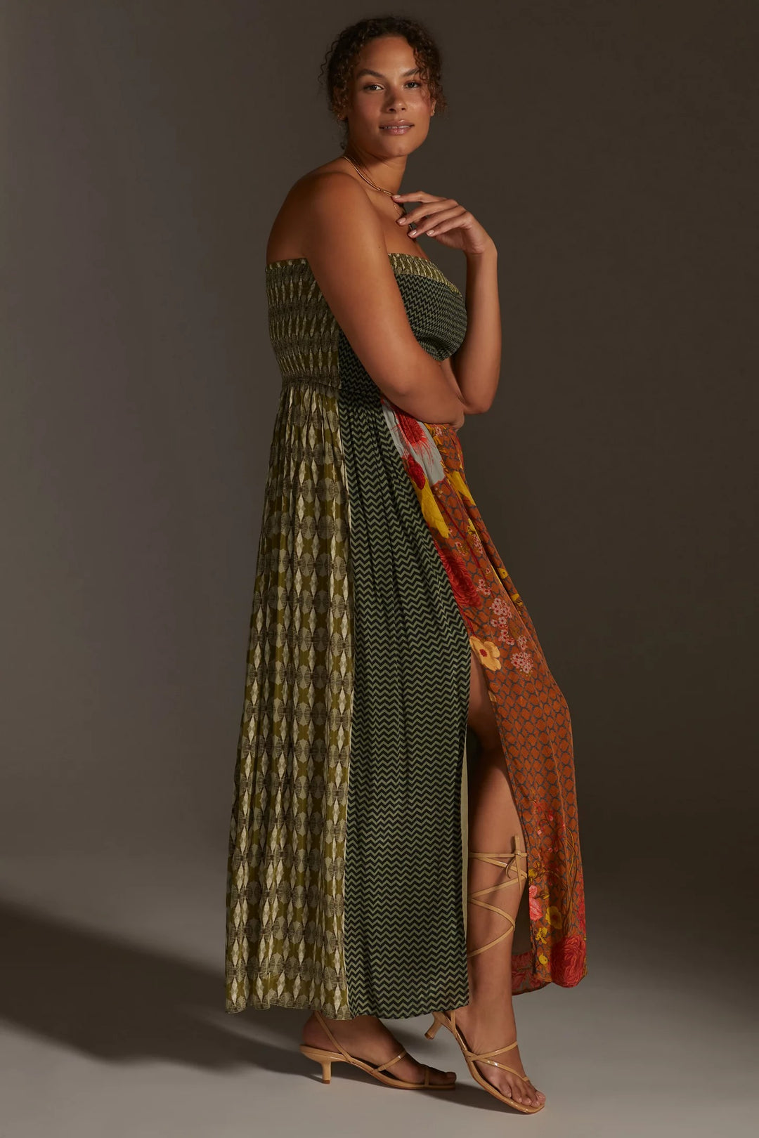 Sylvan Print Smocked Dress With Front Slits-Siddhartha Bansal