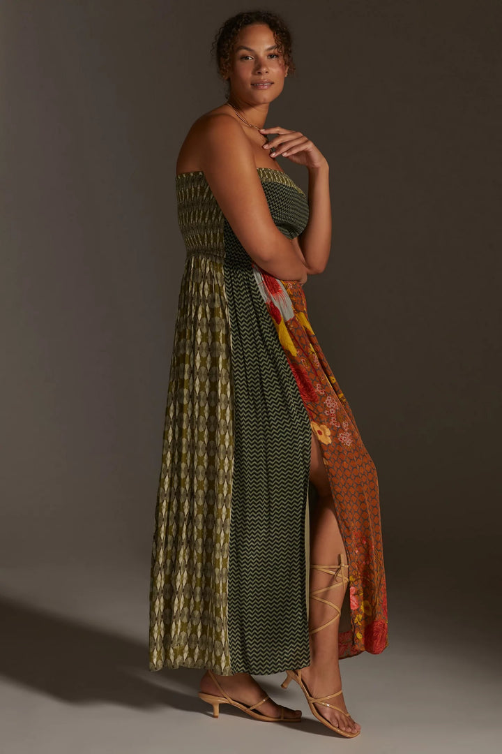 Sylvan Print Smocked Dress With Front Slits-Siddhartha Bansal