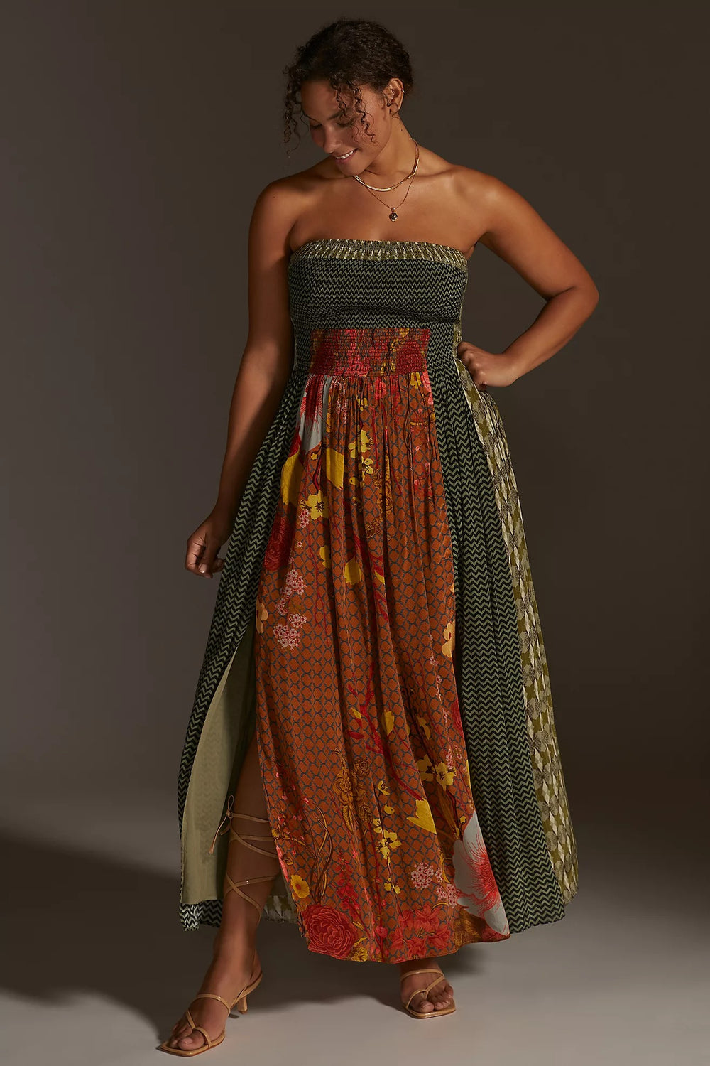 Sylvan Print Smocked Dress With Front Slits-Siddhartha Bansal