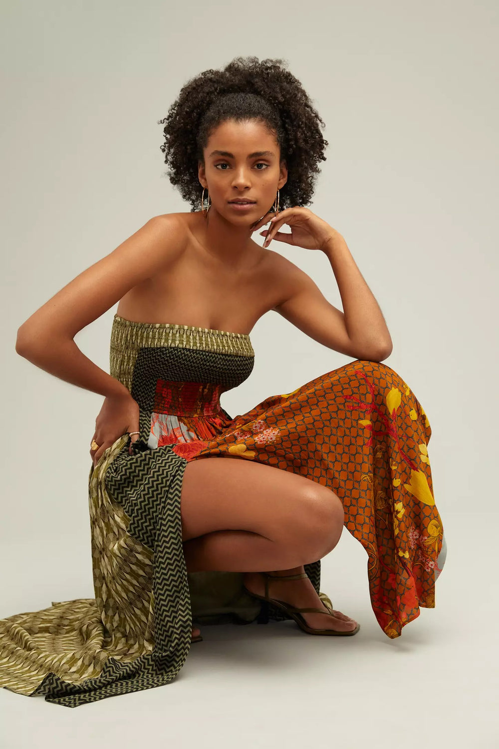 Sylvan Print Smocked Dress With Front Slits-Siddhartha Bansal