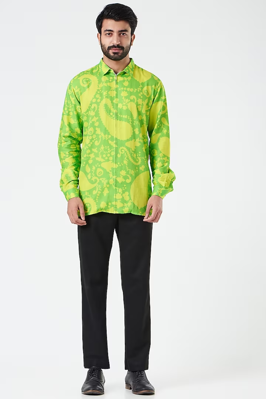 Neon Green Paisley Tone On Tone Shirt-Mens Wear-Siddhartha Bansal
