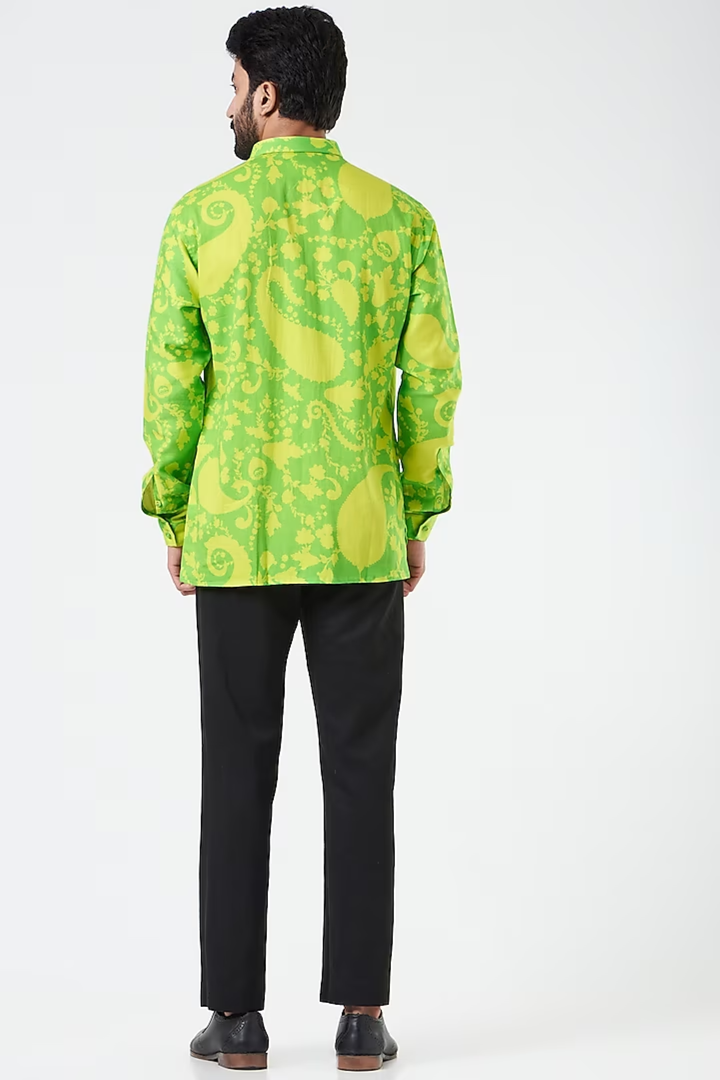 Neon Green Paisley Tone On Tone Shirt-Mens Wear-Siddhartha Bansal