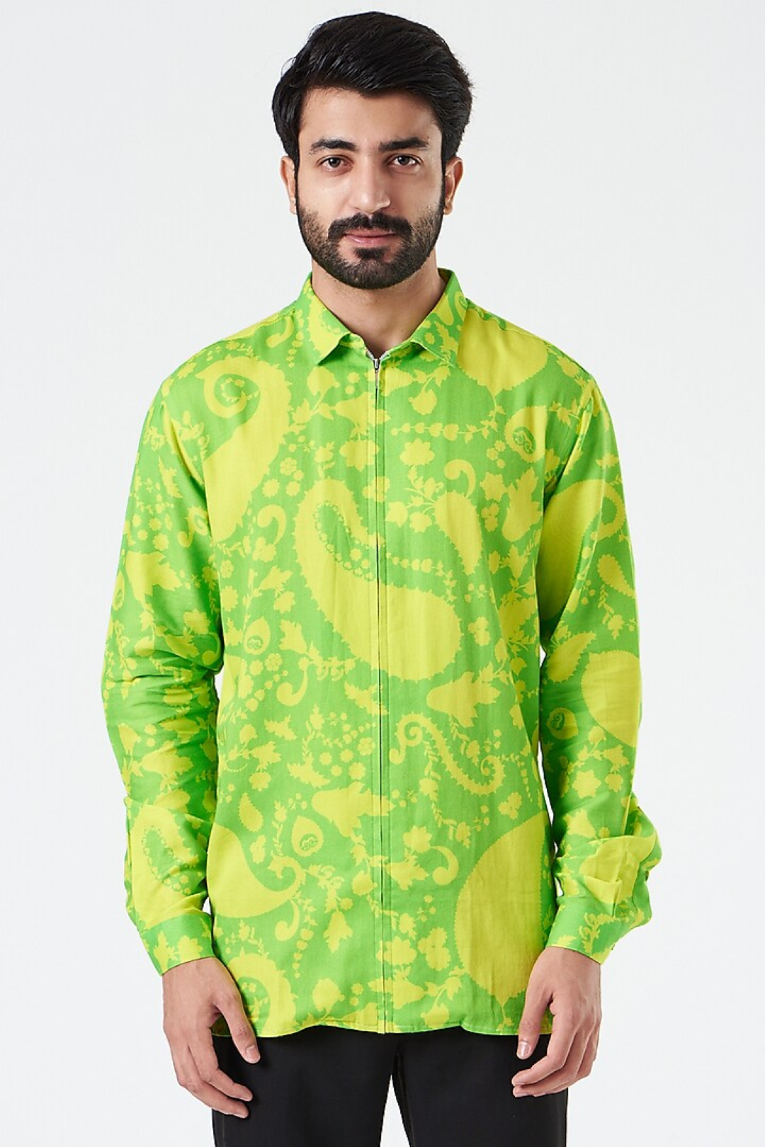 Neon Green Paisley Tone On Tone Shirt-Mens Wear-Siddhartha Bansal