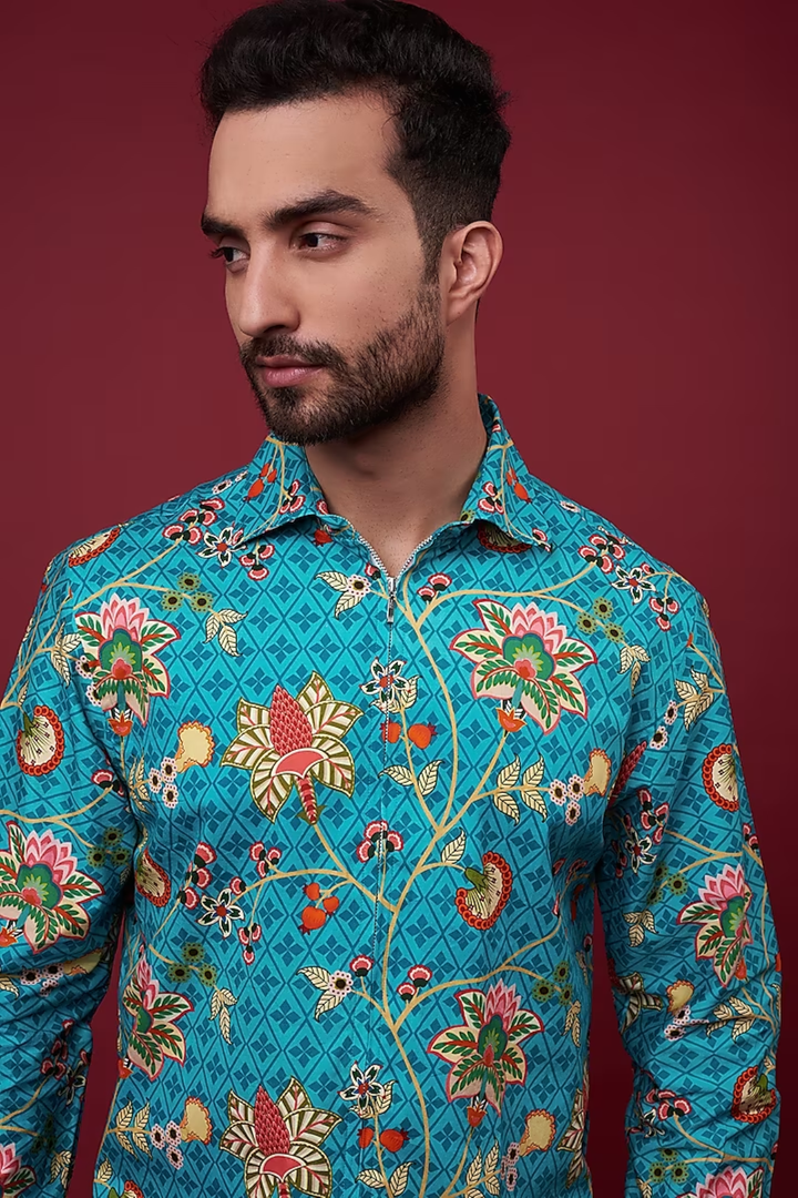 Aqua Blue Classic Chintz Floral Shirt-Mens Wear-Siddhartha Bansal