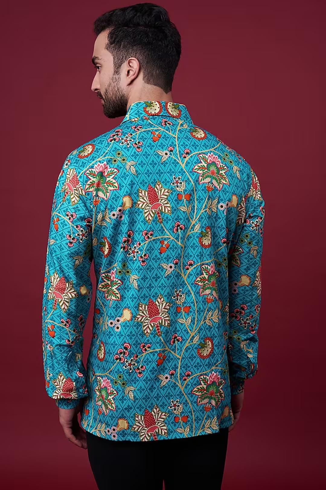 Aqua Blue Classic Chintz Floral Shirt-Mens Wear-Siddhartha Bansal