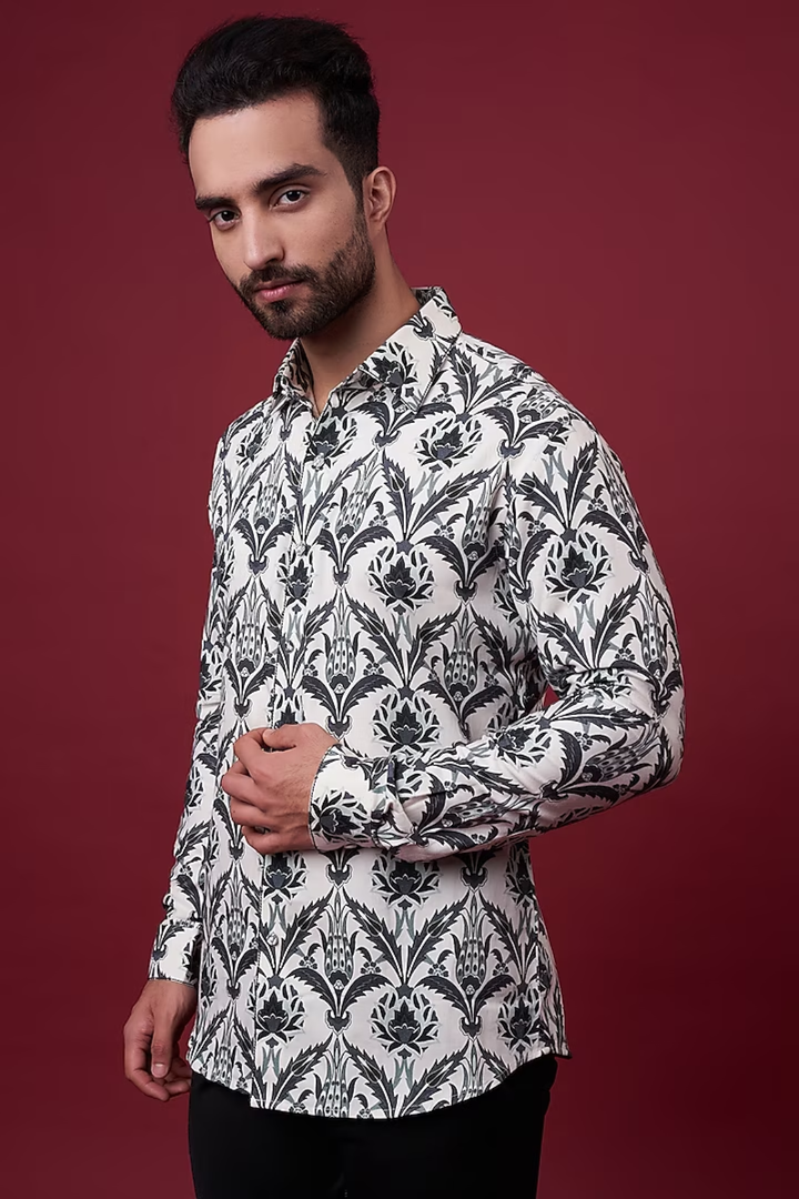 Charcoal Grey Tone On Tone Floral Shirt-Mens Wear-Siddhartha Bansal