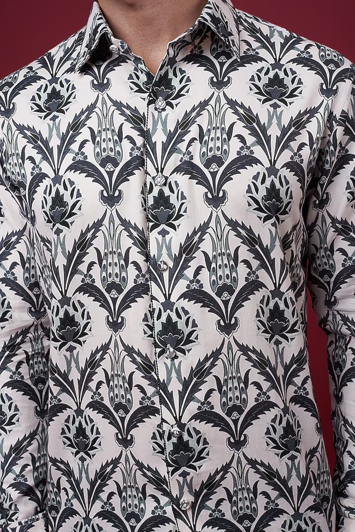 Charcoal Grey Tone On Tone Floral Shirt-Mens Wear-Siddhartha Bansal