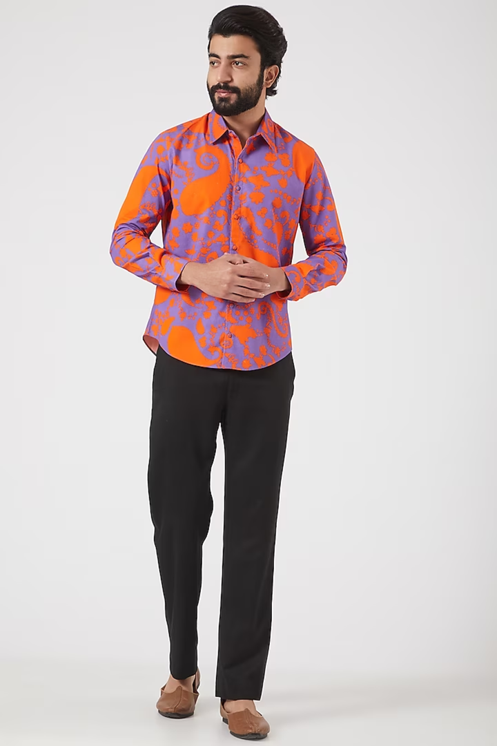 Neon Orange Paisley Tone On Tone Shirt-Mens Wear-Siddhartha Bansal