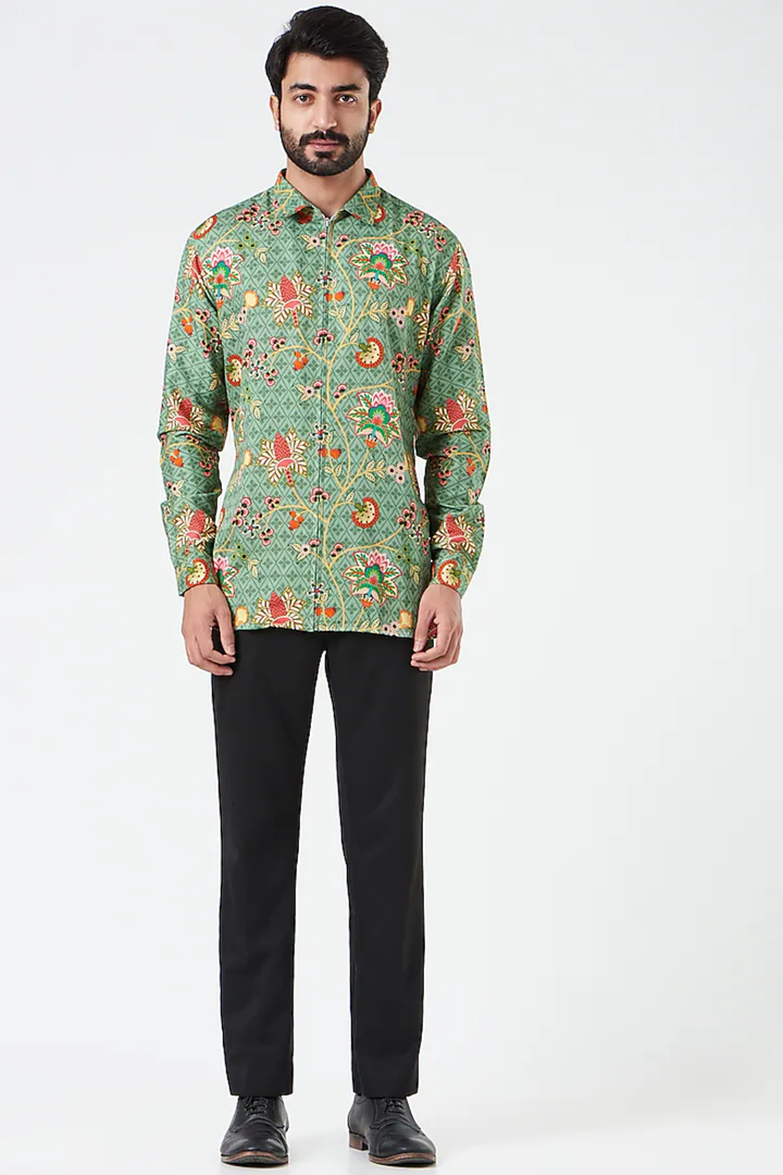 Grassland Green Classic Chintz Floral Shirt-Mens Wear-Siddhartha Bansal