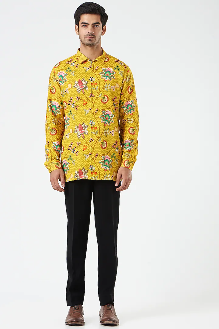 Moss Mustard Calssic Chintz Floral Shirt-Mens Wear-Siddhartha Bansal