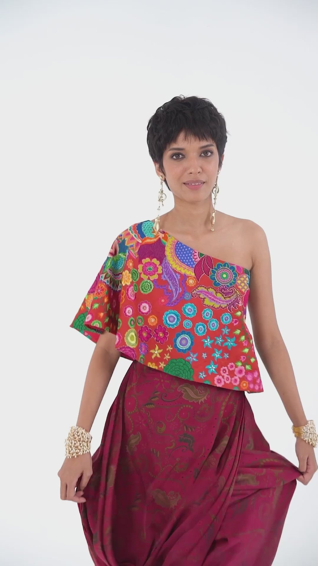 Crimson Red Embroidered One Shoulder Top And Drape Skirt