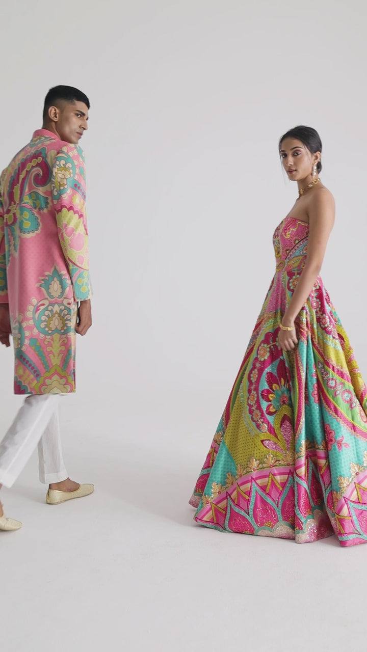 Mastani Pink &amp; Ocean Electric Green Embroidered Gown