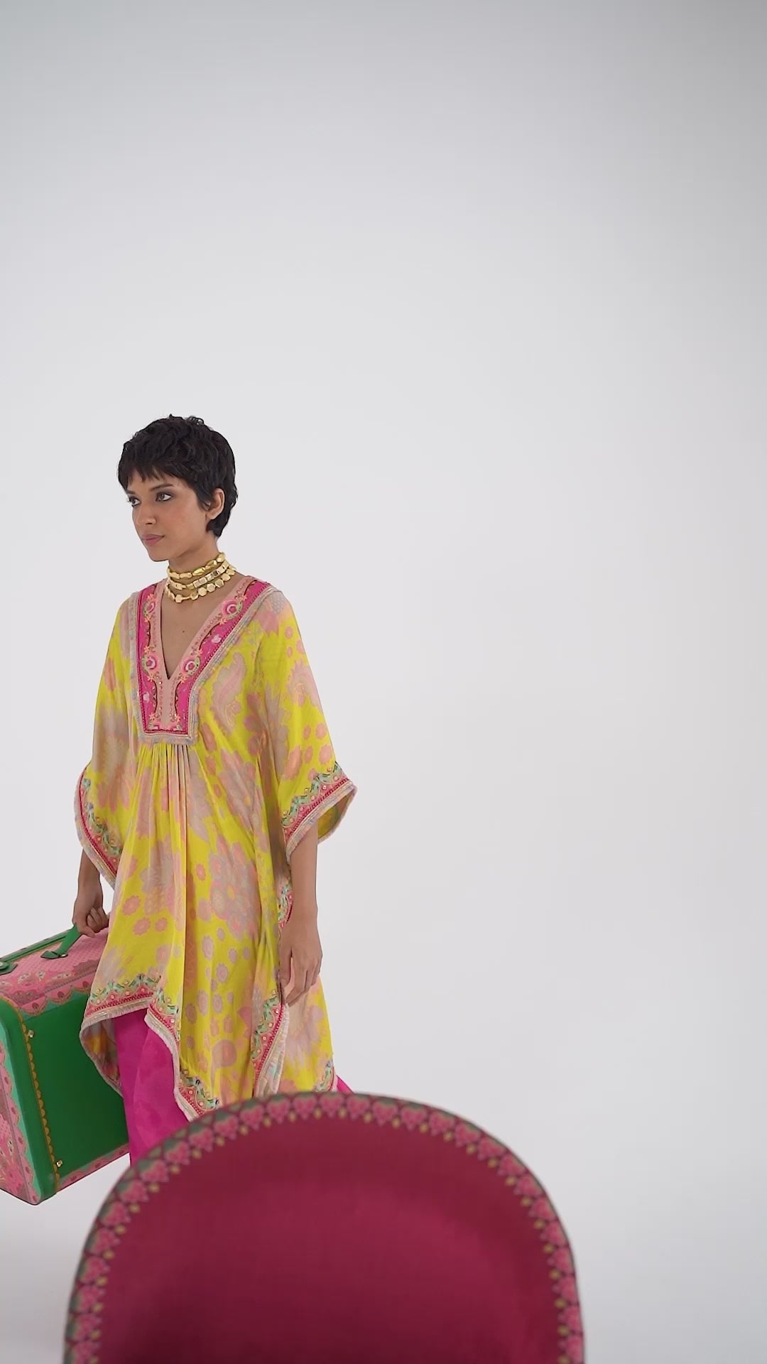 Bright Yellow Kaftan Top Set