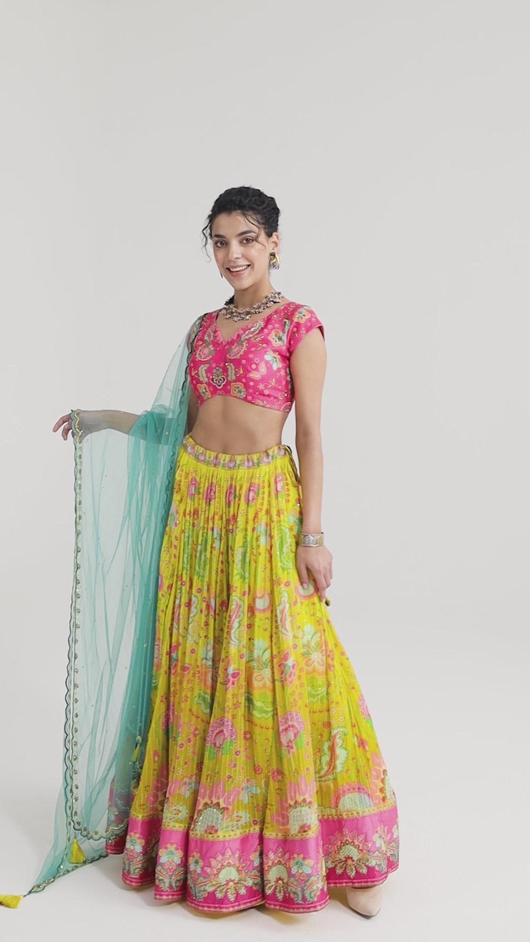 Printed Lehnga With Embroidered Detailing On Border And Blouse With Scalloped Dupatta Set