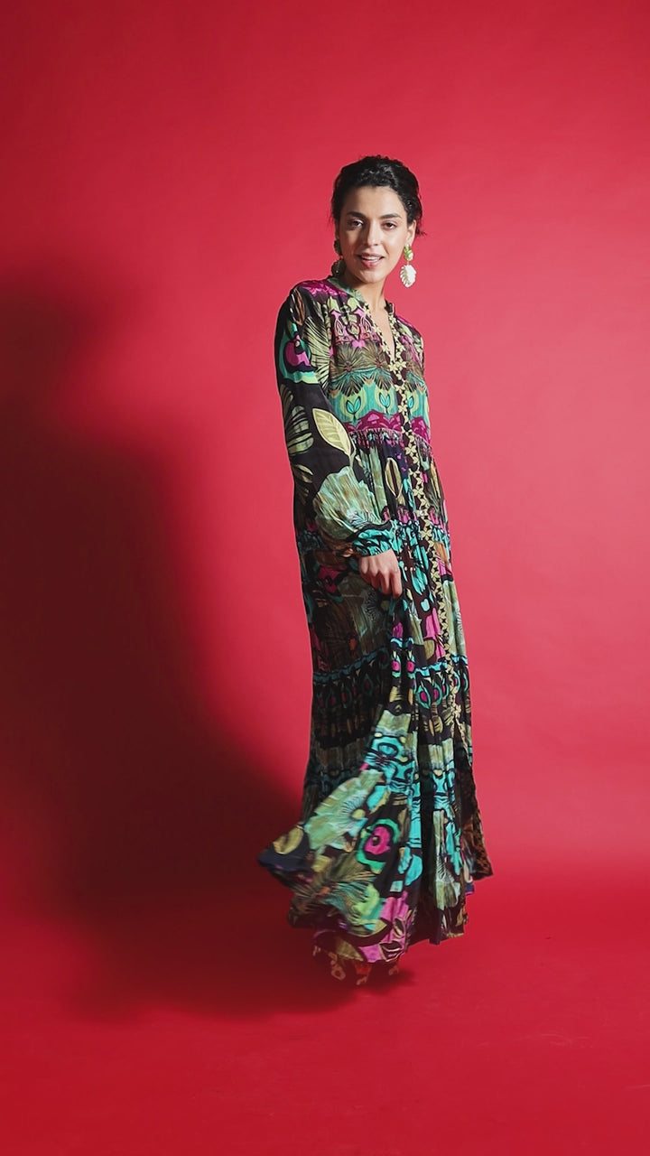 Sylvan Print Front Button Down Tier Dress