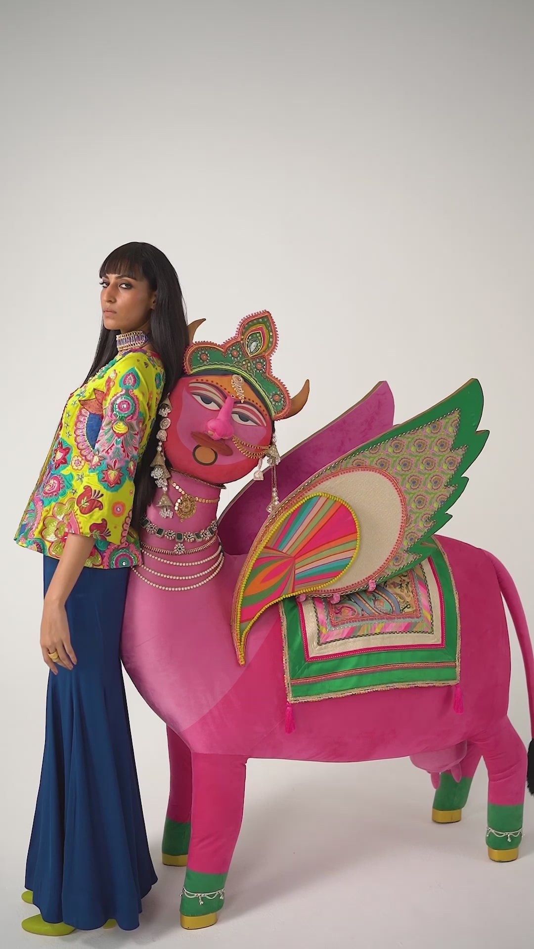 Lime Yellow 3D Embroidery, Peplum Top Sharara Set