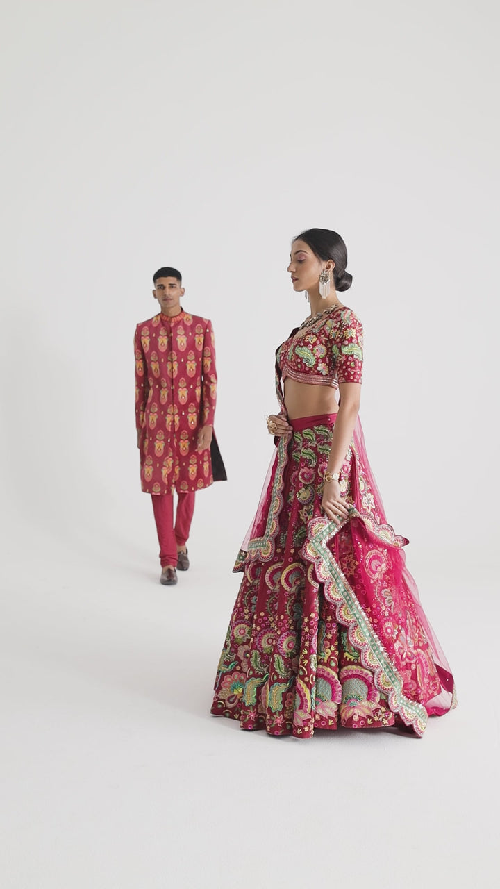 3D Embroidered Burgundy Lehenga Set