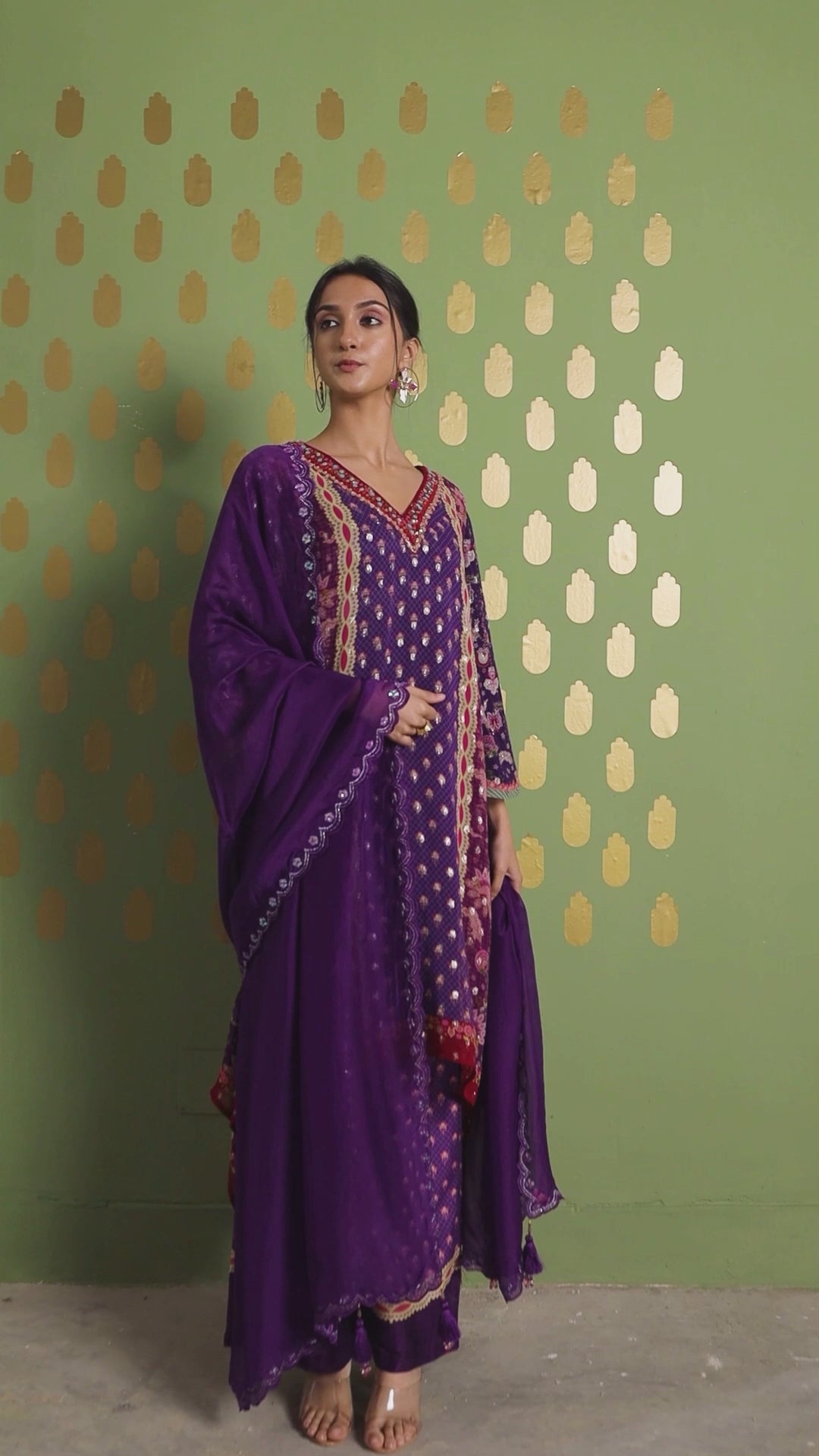 Purple Golden Buta High-Low Embroidered Kurta Set