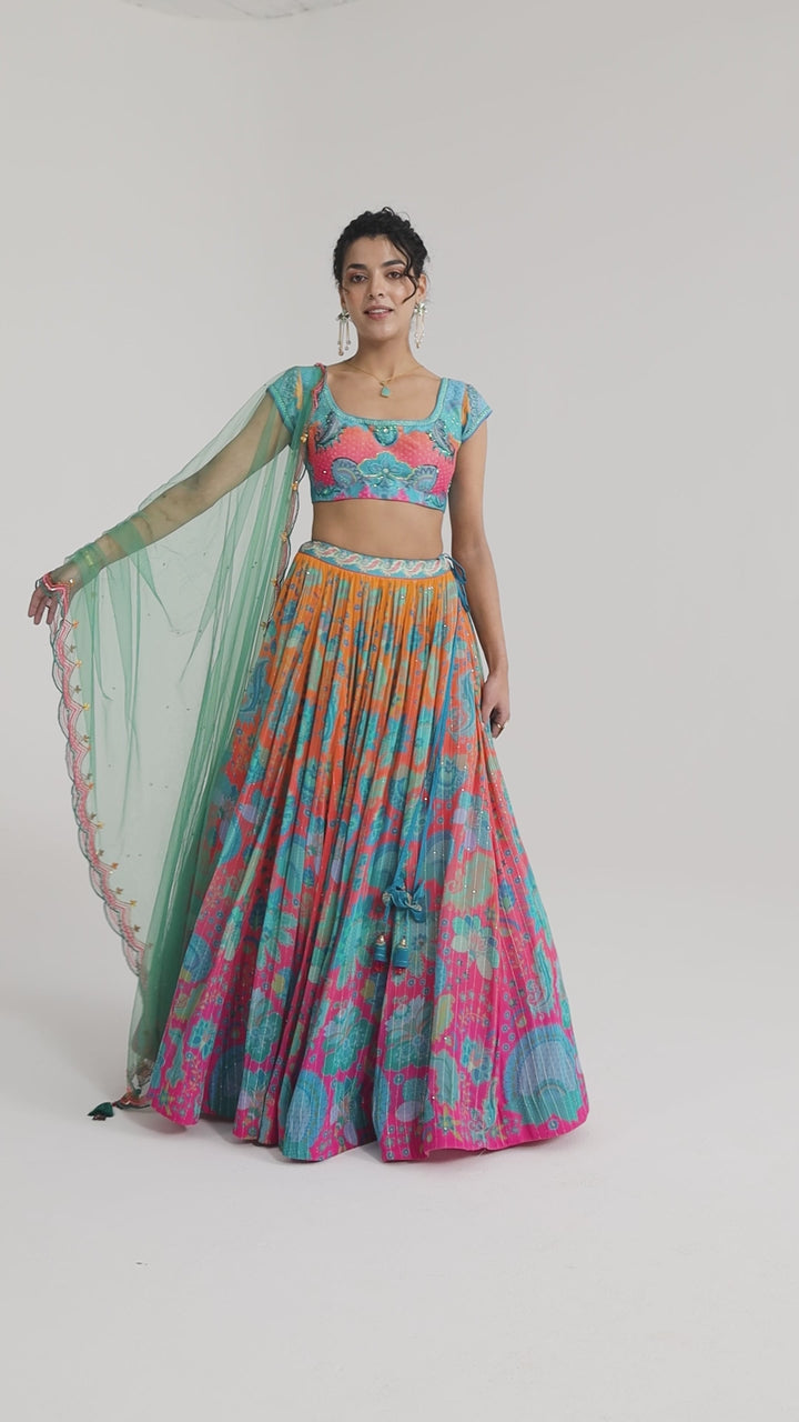 Printed Lehnga With Embroidered Blouse And Scalloped Dupatta Set