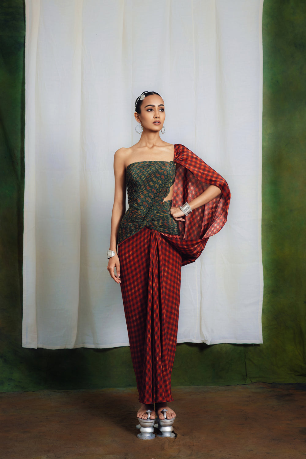 Courtyard Green Drape Saree Dress-Sarees-Siddhartha Bansal