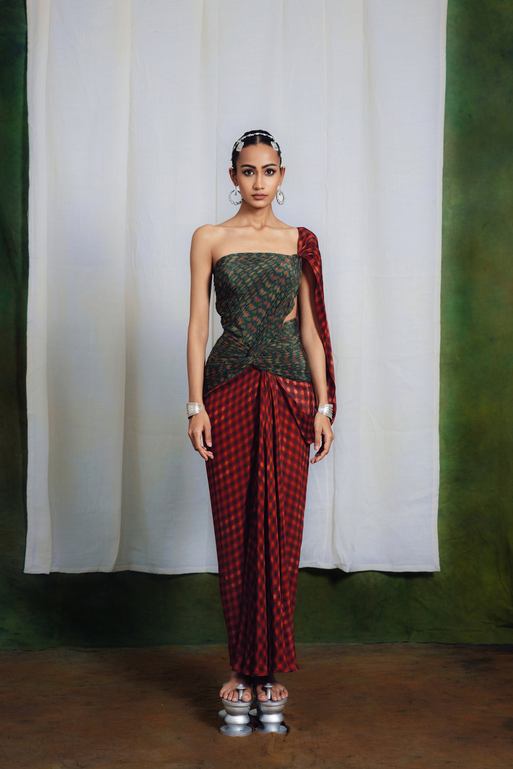 Courtyard Green Drape Saree Dress-Sarees-Siddhartha Bansal