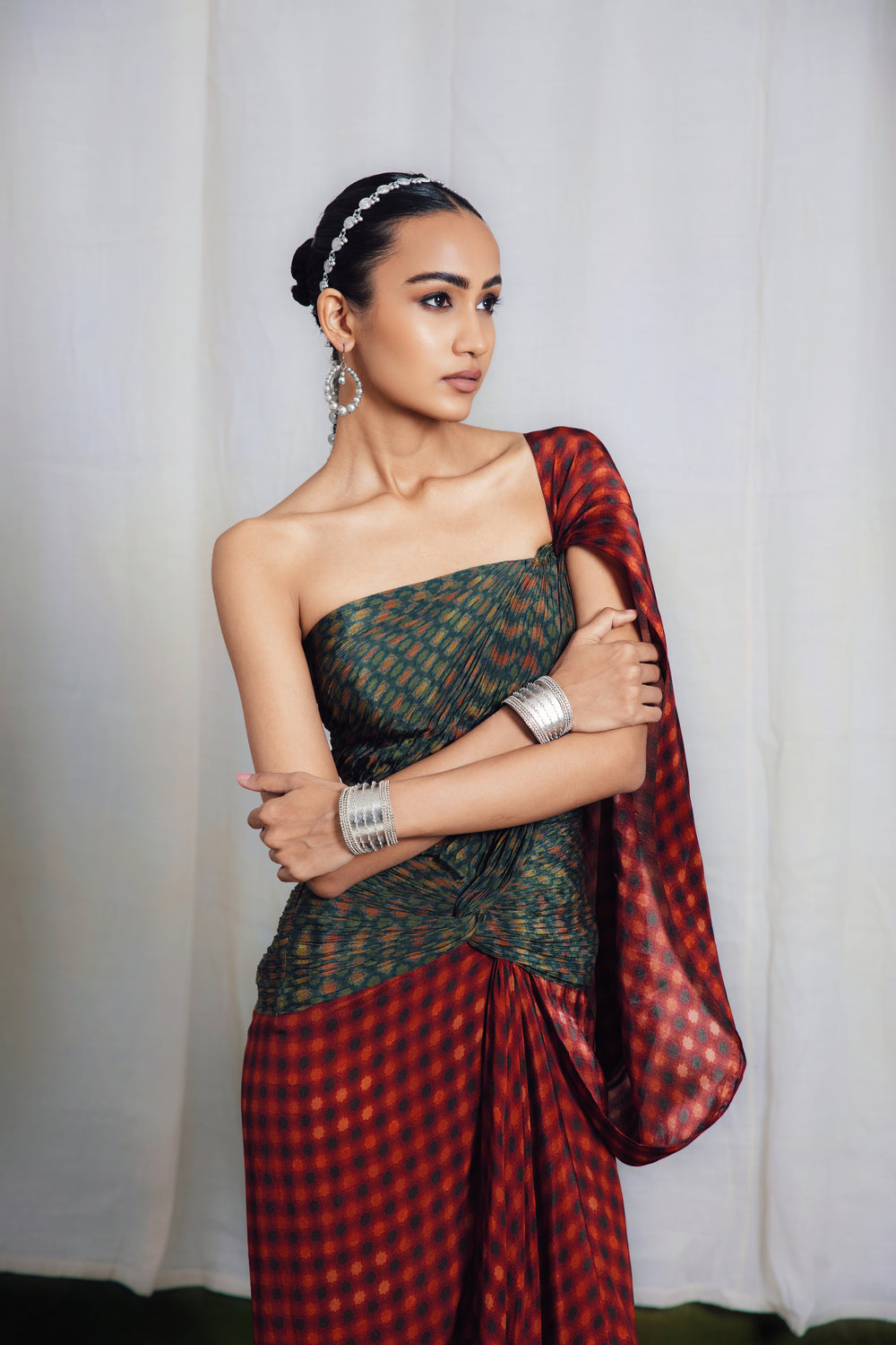 Courtyard Green Drape Saree Dress-Sarees-Siddhartha Bansal