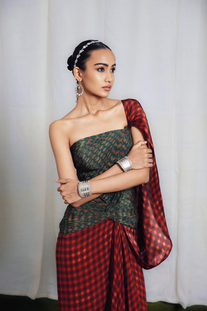 Courtyard Green Drape Saree Dress-Sarees-Siddhartha Bansal