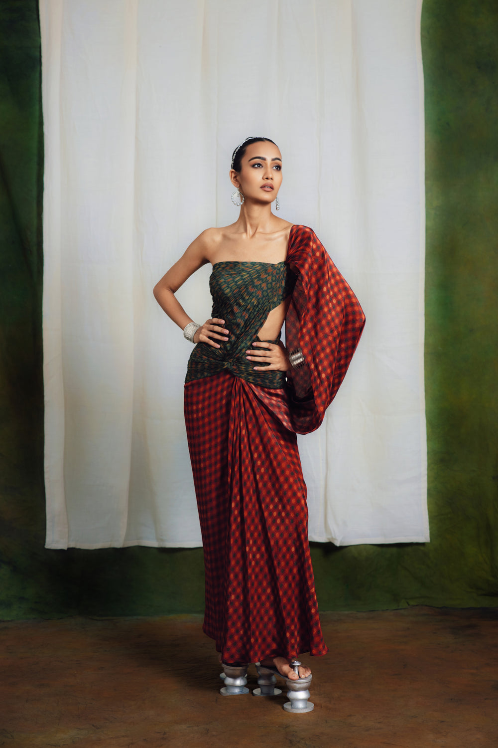 Courtyard Green Drape Saree Dress-Sarees-Siddhartha Bansal