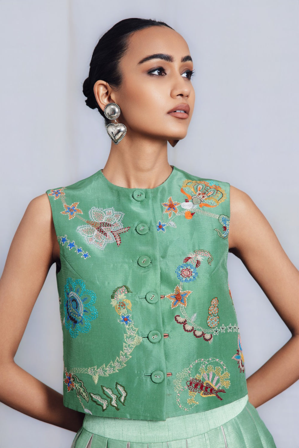 Raya Green Thread Work Short Jacket set-Co-ord Set-Siddhartha Bansal