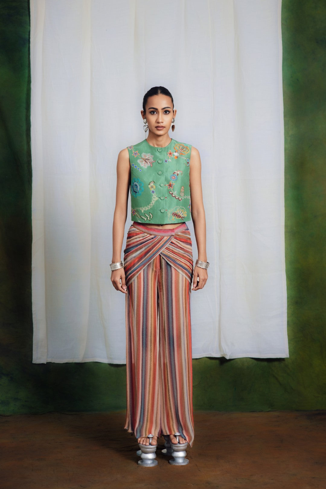 Raya Green Thread Work Short Jacket set-Co-ord Set-Siddhartha Bansal