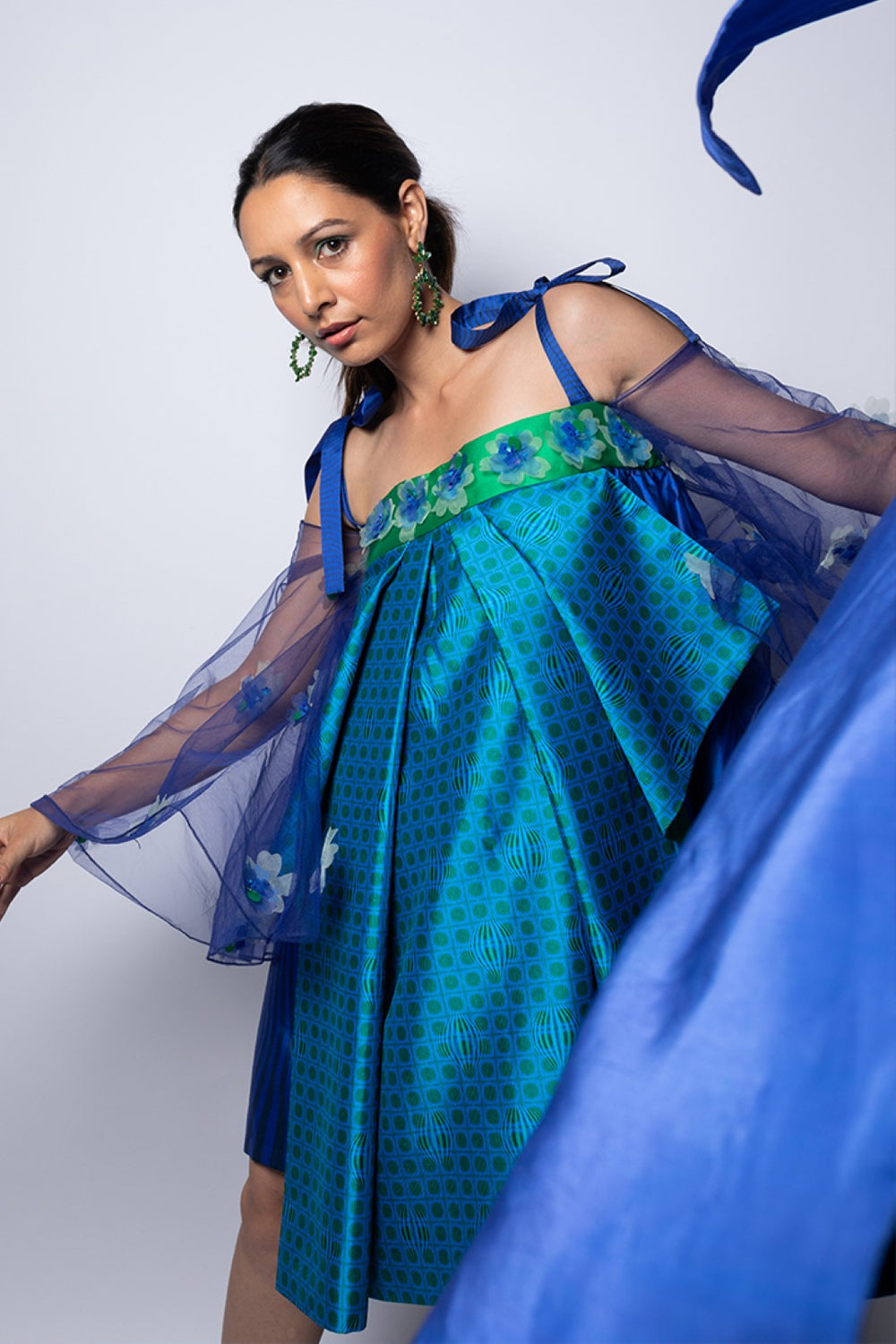 Signature Box Pleat Embellished Blue Doll Dress-Siddhartha Bansal