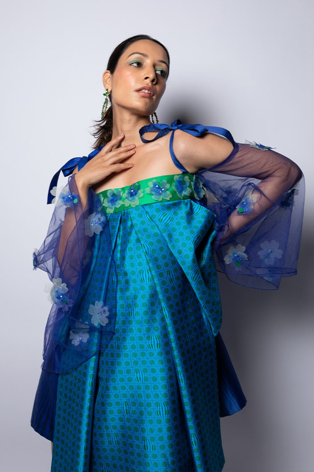 Signature Box Pleat Embellished Blue Doll Dress-Siddhartha Bansal