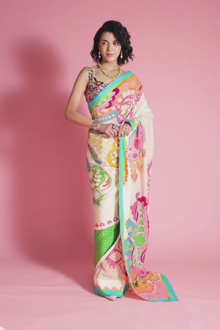 Sky Ivory Royal Paisely Embroidered Saree Set
