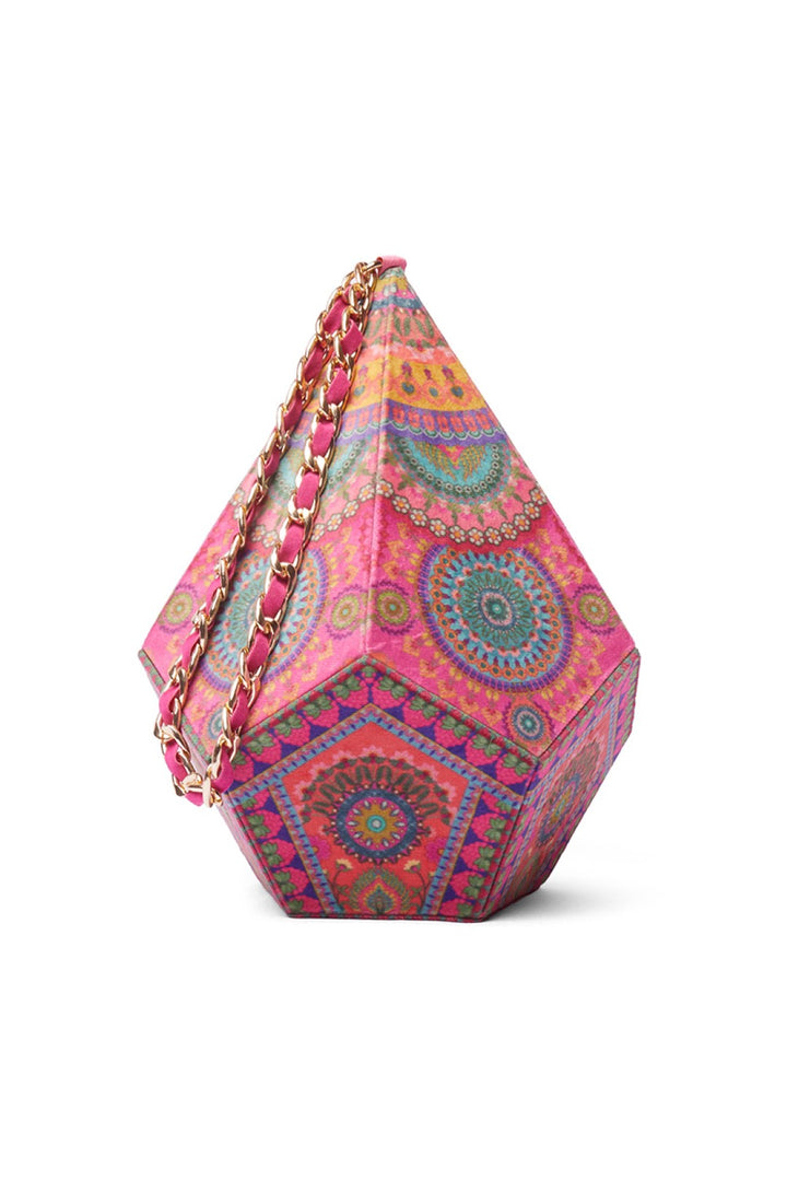 Pink Floral Dodecahedron Shape Potli Bag With Chain Strap-Bags-Siddhartha Bansal