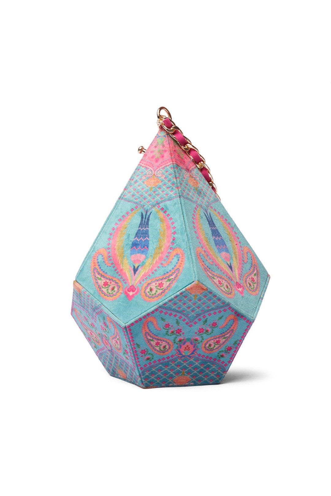 Bule Paisely Dodecahedron Shape Potli Bag With Chain Strap-Bags-Siddhartha Bansal