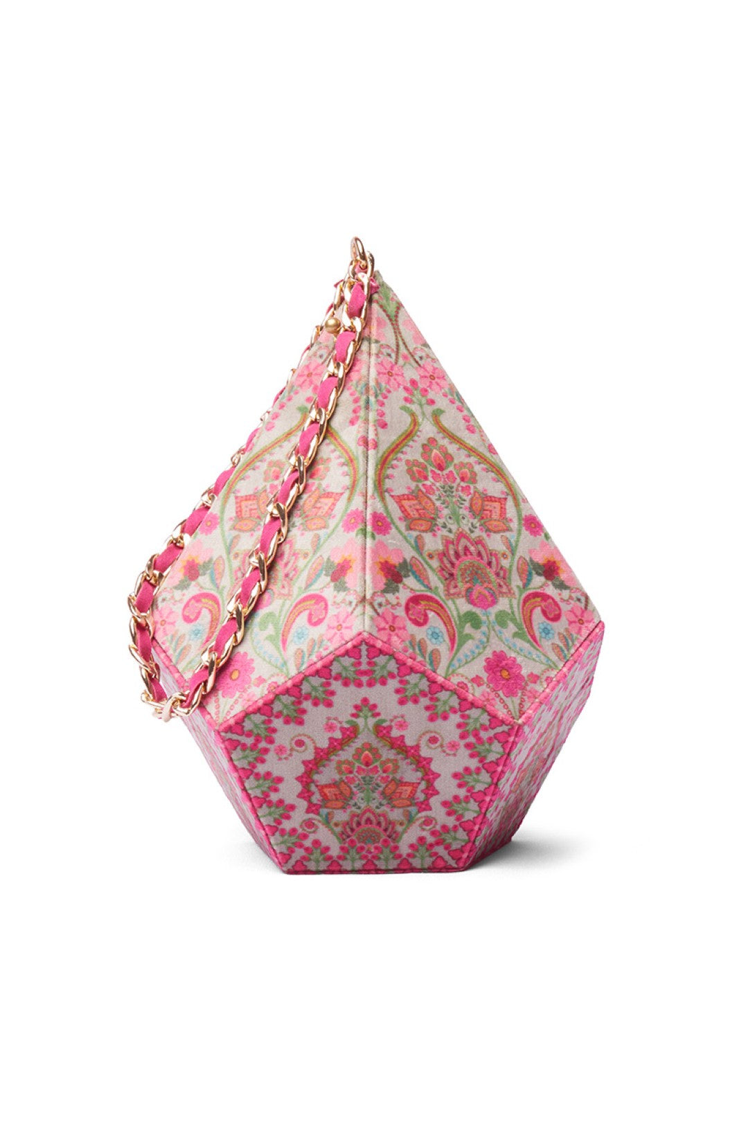 Grey Floral Dodecahedron Shape Potli Bag With Chain Strap-Bags-Siddhartha Bansal