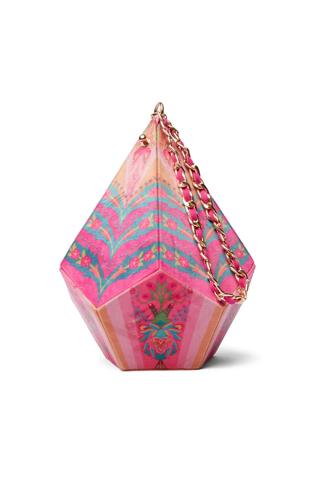 Pink Orange Paisley Dodecahedron Shape Potli Bag With Chain Strap-Bags-Siddhartha Bansal