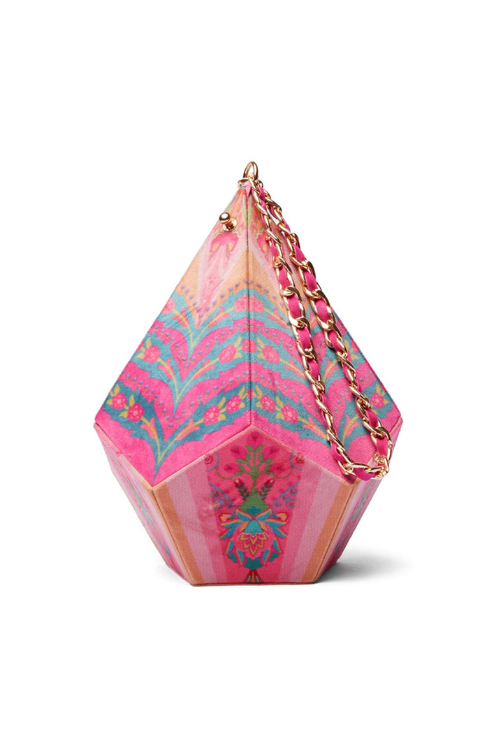 Pink Orange Paisley Dodecahedron Shape Potli Bag With Chain Strap-Bags-Siddhartha Bansal