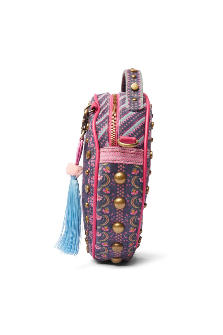 Dark Grey Kaleidoscopic Studded Circular Hand Bag With Strap-Bags-Siddhartha Bansal