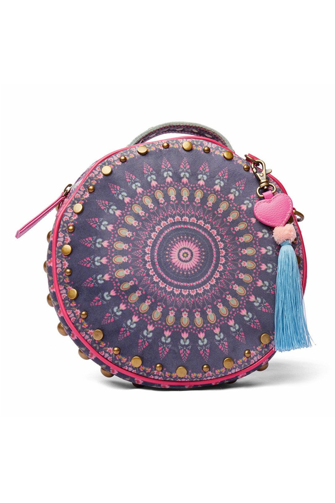 Dark Grey Kaleidoscopic Studded Circular Hand Bag With Strap-Bags-Siddhartha Bansal