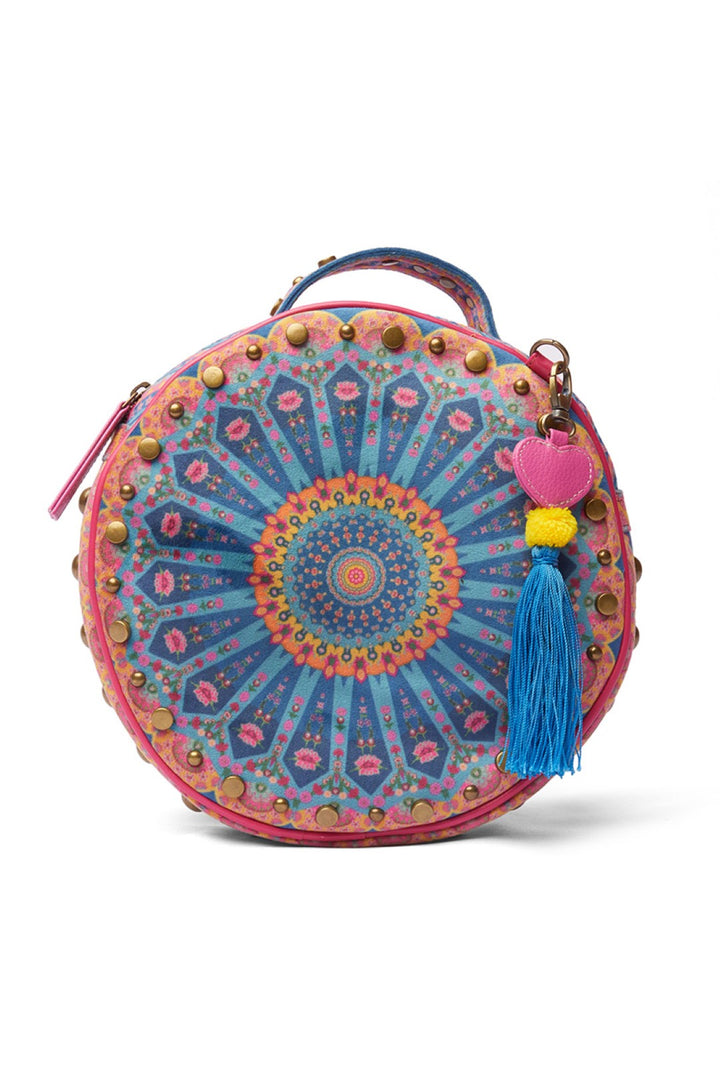 Blue Kaleidoscopic Studded Circular Hand Bag With Strap-Bags-Siddhartha Bansal