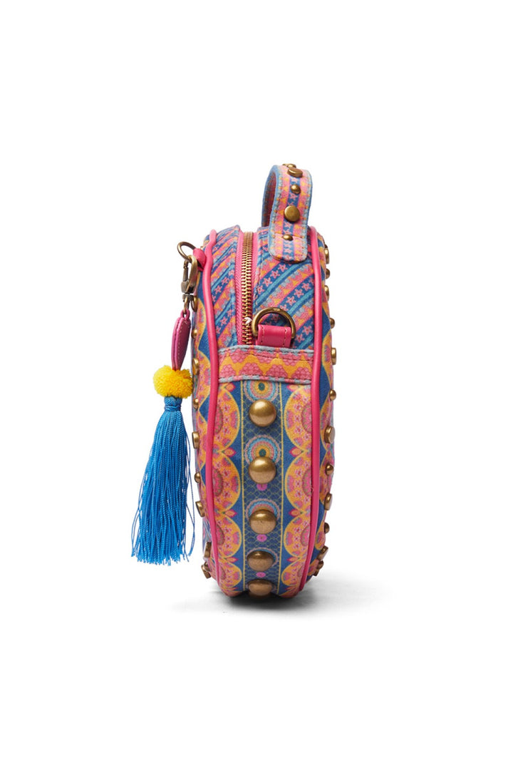 Blue Kaleidoscopic Studded Circular Hand Bag With Strap-Bags-Siddhartha Bansal