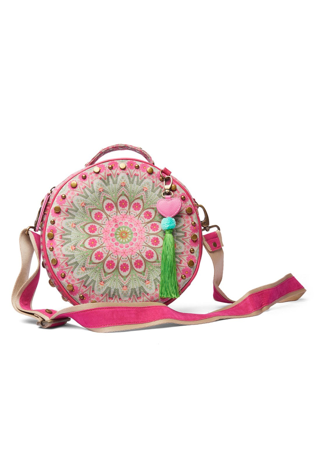Light Grey Floral Mandla Studded Circular Hand Bag With Strap-Bags-Siddhartha Bansal