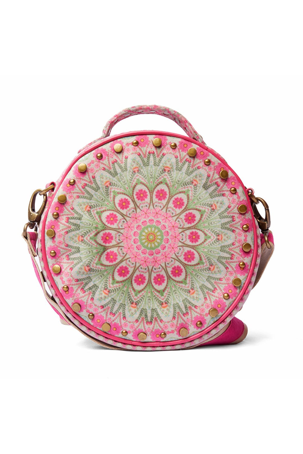 Light Grey Floral Mandla Studded Circular Hand Bag With Strap-Bags-Siddhartha Bansal