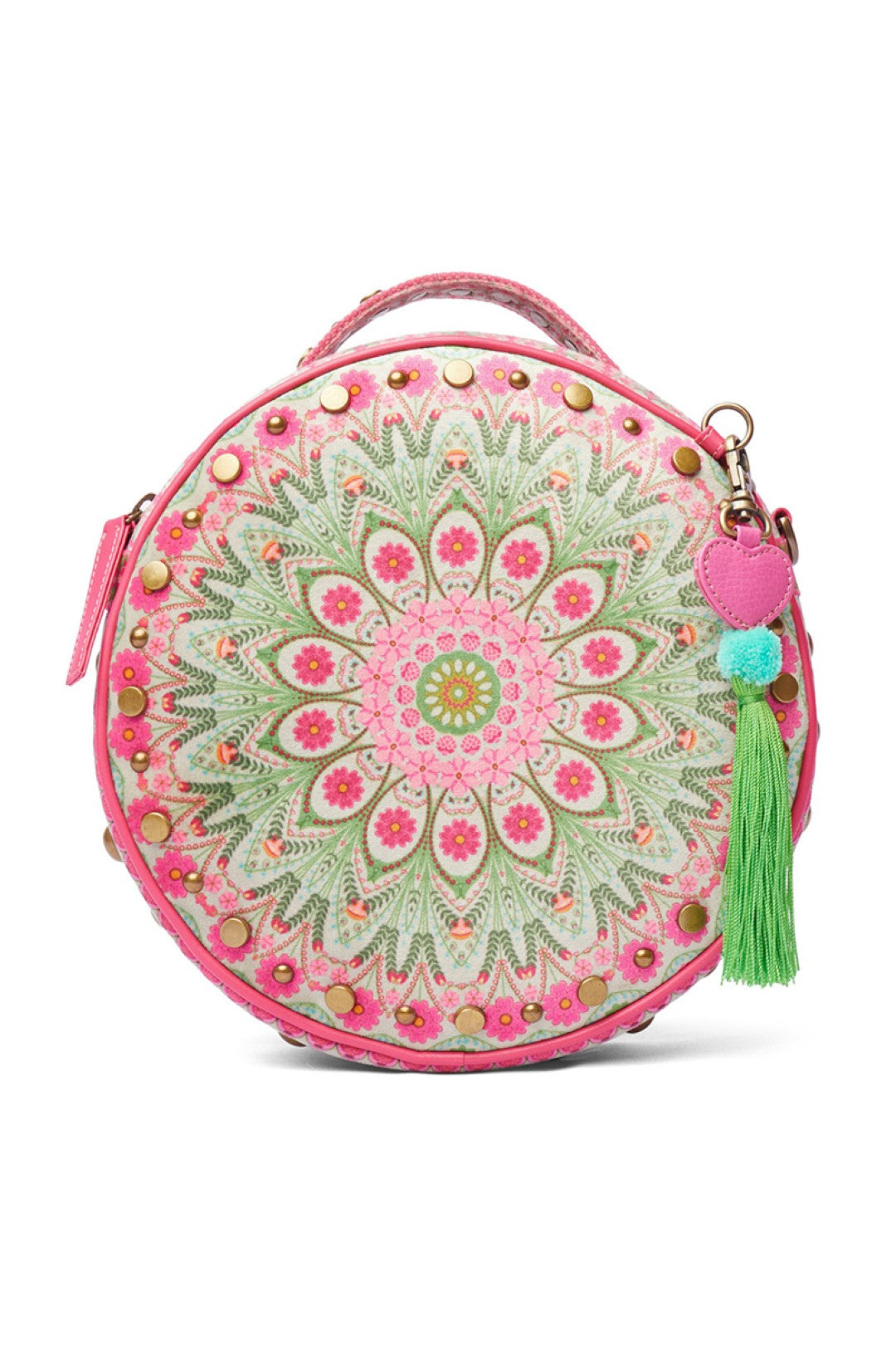 Light Grey Floral Mandla Studded Circular Hand Bag With Strap-Bags-Siddhartha Bansal