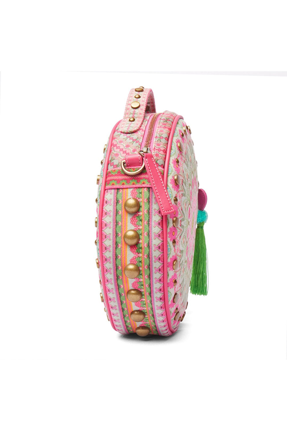 Light Grey Floral Mandla Studded Circular Hand Bag With Strap-Bags-Siddhartha Bansal