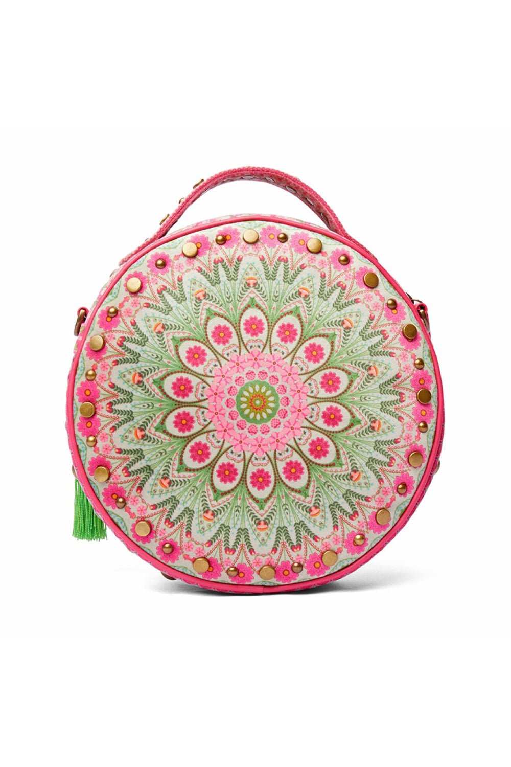 Light Grey Floral Mandla Studded Circular Hand Bag With Strap-Bags-Siddhartha Bansal