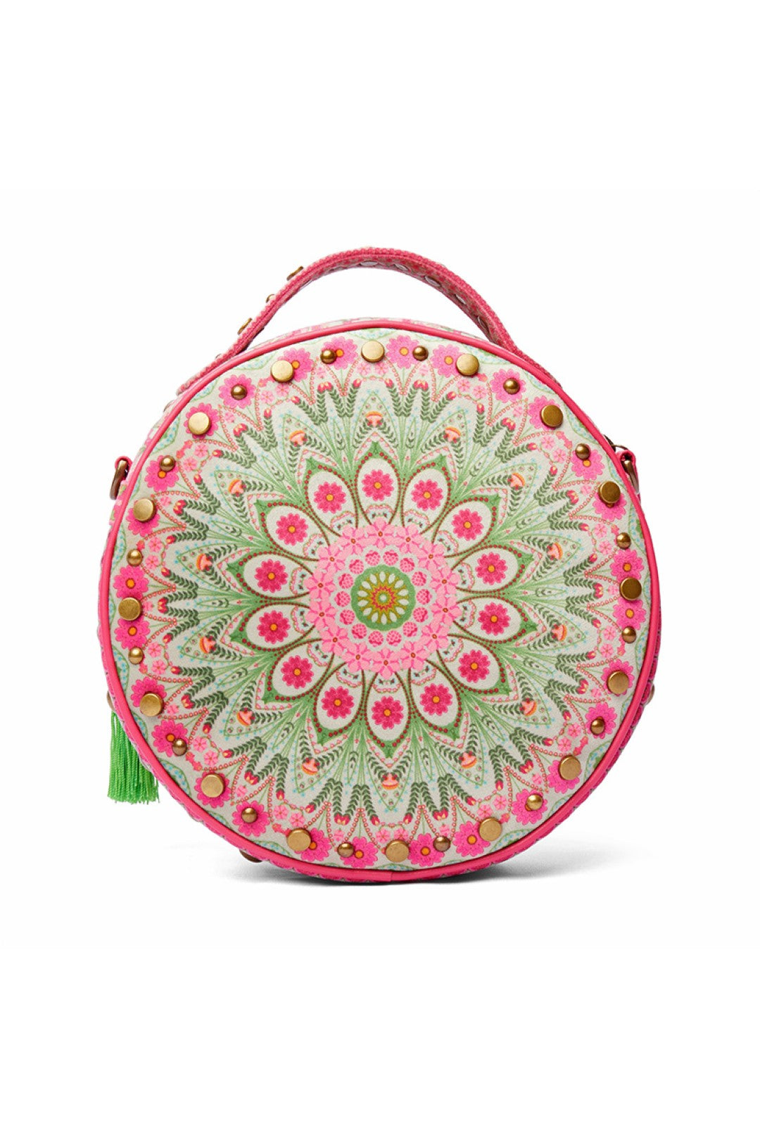 Light Grey Floral Mandla Studded Circular Hand Bag With Strap-Bags-Siddhartha Bansal