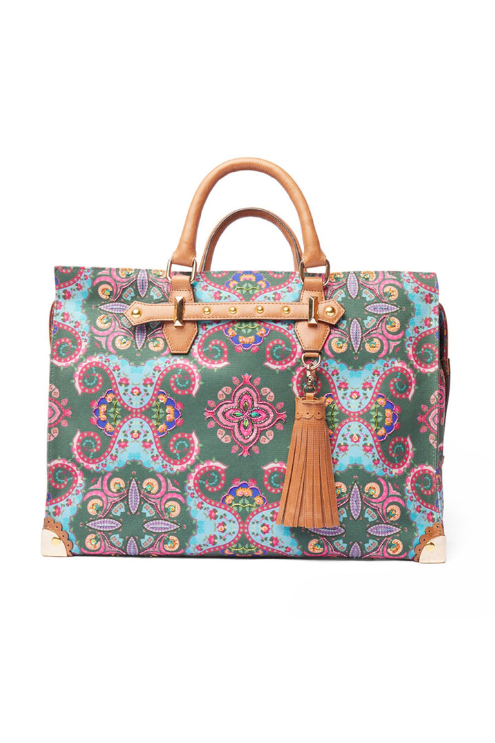 Green Kaleidoscopic Hand Emb. Tote/ Travel Bag-Bags-Siddhartha Bansal